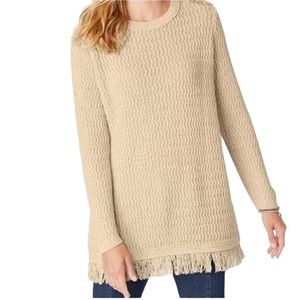 J. Jill Tan Knit Sweater Crew Neck Pull Over Fringed Hem Women’s Size L